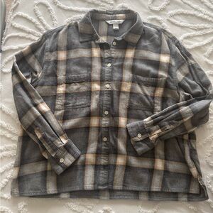 Gray and Tan Plaid Button-Up Shirt